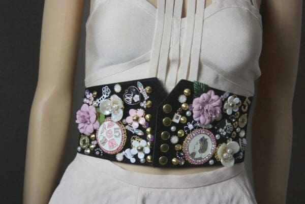 SOLD! 3143 Madam Coco Embellished Brooches Pink Waist Corset Belt - Image 3