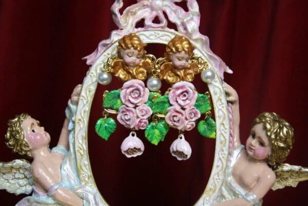 SOLD! 3146 Total Baroque Hand Painted Massive Cherub Angel Roses Pearl Earrings Studs - Image 3