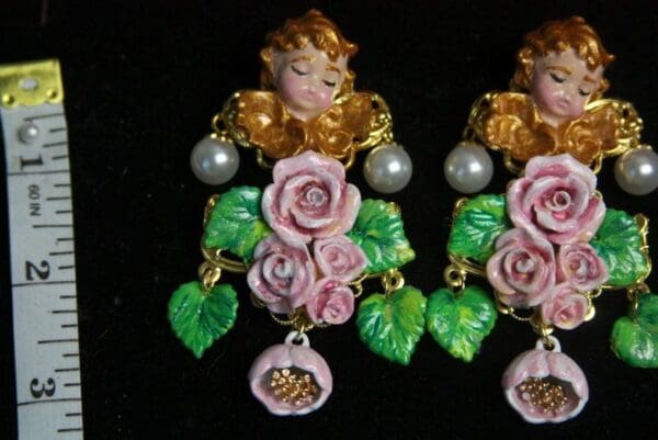 SOLD! 3146 Total Baroque Hand Painted Massive Cherub Angel Roses Pearl Earrings Studs - Image 4