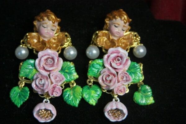 SOLD! 3146 Total Baroque Hand Painted Massive Cherub Angel Roses Pearl Earrings Studs - Image 2