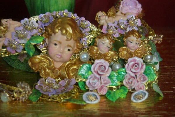 SOLD! 3146 Total Baroque Hand Painted Massive Cherub Angel Roses Pearl Earrings Studs - Image 10