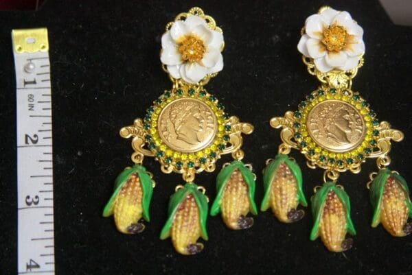 SOLD! 3151 Baroque Hand Painted Corn Roman Coin Flower Studs Earrings - Image 7