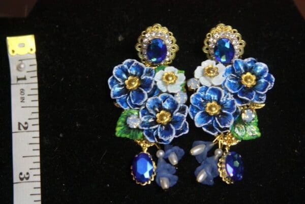 SOLD! 3152 Baroque Hand Painted Blue Flowers Crystal Studs Earrings - Image 6
