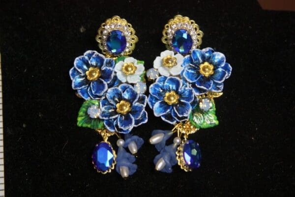 SOLD! 3152 Baroque Hand Painted Blue Flowers Crystal Studs Earrings - Image 7
