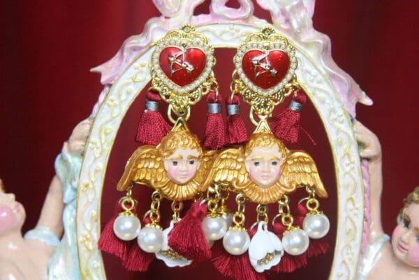 SOLD! 3153 Total Baroque Hand Painted Wine Red Tassel Pearl Earrings - Image 4