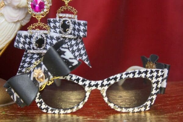 SOLD! 3161 Set Of Houndstooth Elegant Bow Sunglasses + Earrings - Image 5