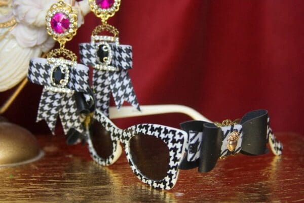 SOLD! 3161 Set Of Houndstooth Elegant Bow Sunglasses + Earrings - Image 6