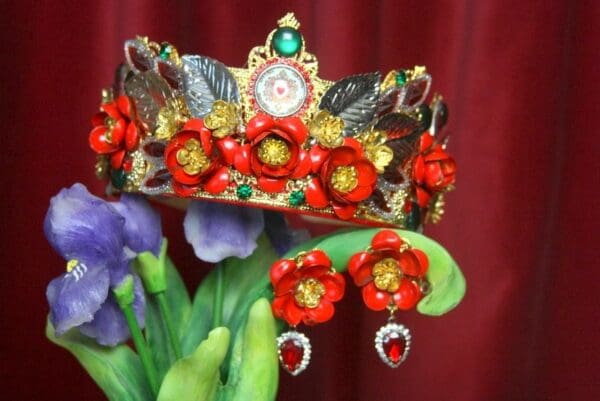 SOLD! 3168 Set Of Baroque Red Roses Cameo Leaf Crystal Headband+ Earrings - Image 2
