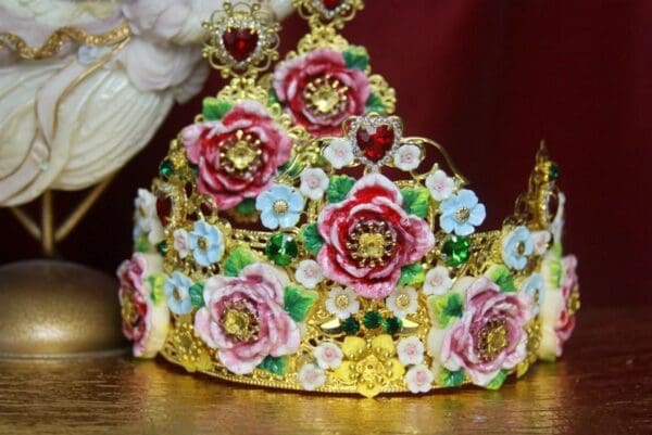 SOLD!3172 Spring 2018 Set Of Runway Baroque Hand Painted Vivid Garden Butterflies Crown+ Earrings - Image 3