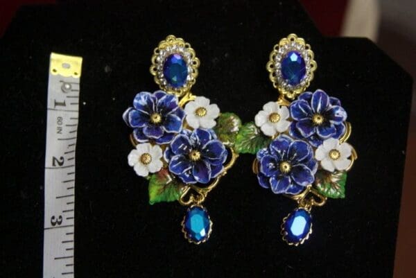 SOLD! 3173 Baroque Hand Painted Blue Flowers Crystal Studs Earrings - Image 6