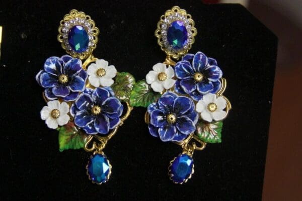 SOLD! 3173 Baroque Hand Painted Blue Flowers Crystal Studs Earrings - Image 7