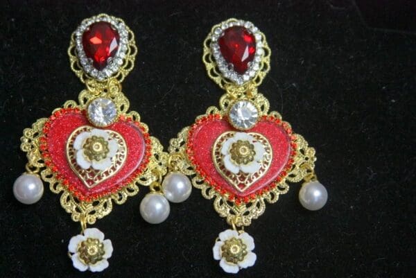 SOLD! 3179 Baroque Heart Red Heart Crystal Pearl Studs Earrings - Image 7