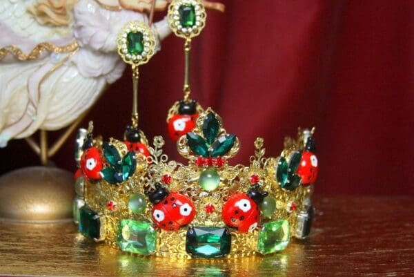 SOLD! 3197 Set Of Baroque Gold Filigree Crystals Ladybug Crown+ Earrings - Image 2