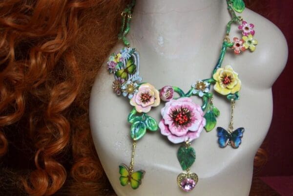 SOLD! 3212 Set Of Enamel Baroque Hand Painted Chunky Flowers Necklace+ Earrings - Image 6