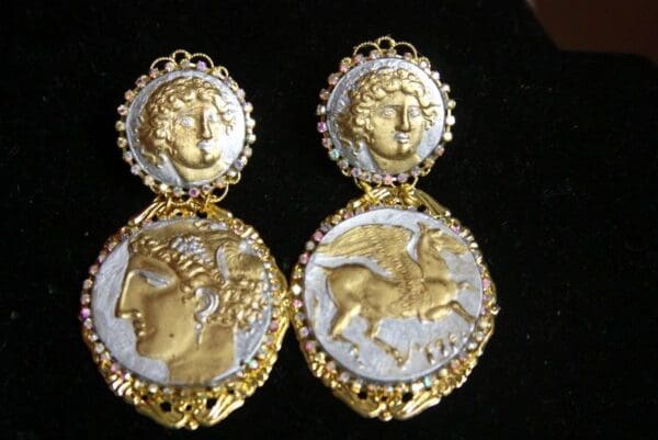 SOLD! 3223 Roman Coin Massive Hand Painted Silver Gold Studs Earrings - Image 3