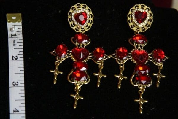 SOLD! 3224 BAaroque Red Crystal Heart Cross Earrings - Image 2