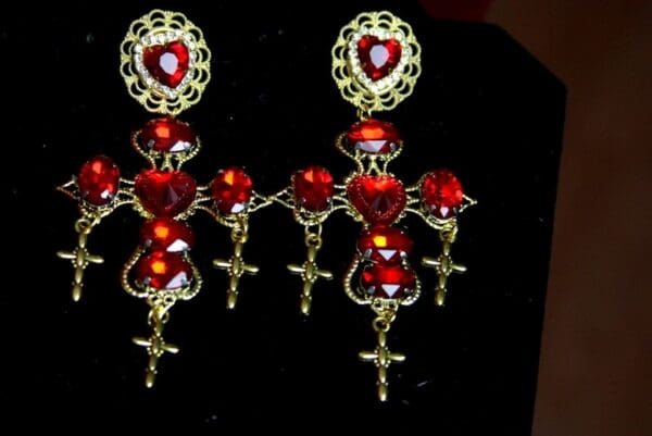 SOLD! 3224 BAaroque Red Crystal Heart Cross Earrings - Image 3