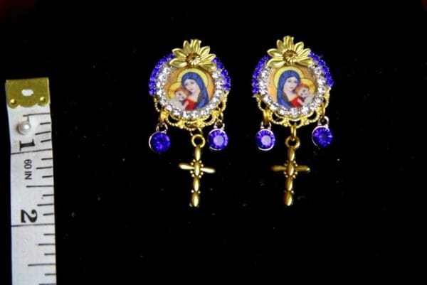 SOLD! 3227 Virgin Mary Elegant Small Blue Crystal Dangled Earrings Studs - Image 3