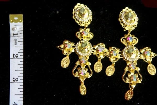SOLD! 3236 Baroque Champagne Crystal Cross Earrings Studs - Image 2