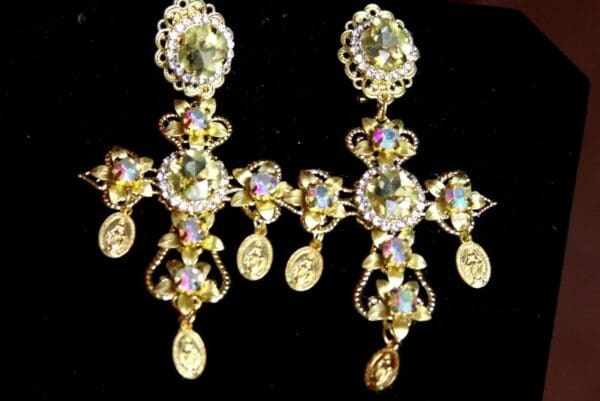 SOLD! 3236 Baroque Champagne Crystal Cross Earrings Studs - Image 3