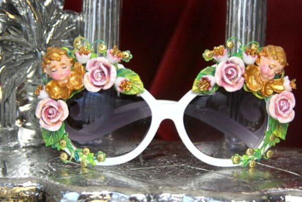 SOLD! 3246 Total Baroque Sleeping Cherubs Hand Painted Flowers White Sunglasses - Image 2
