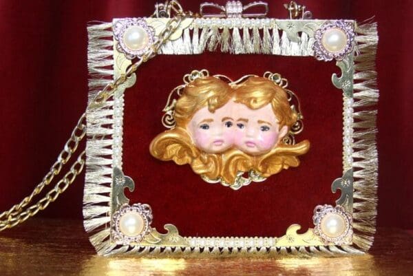SOLD! 3253 Total Baroque Hand Painted Cherubs Roses Trunk Handbag - Image 2