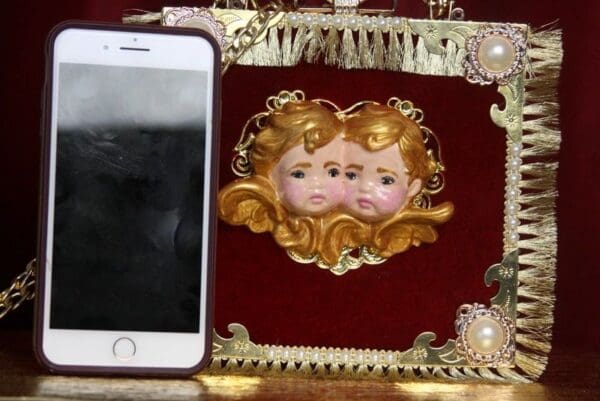 SOLD! 3253 Total Baroque Hand Painted Cherubs Roses Trunk Handbag - Image 4