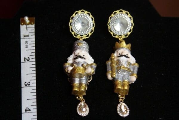 SOLD! 3279 Adorable Hand Painted Silver Gold Nutcracker Studs Earrings - Image 4
