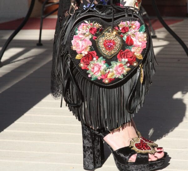 SOLD! 3132 Black Baroque Heart Shape Applique White Fringe Handbag Crossbody - Image 4