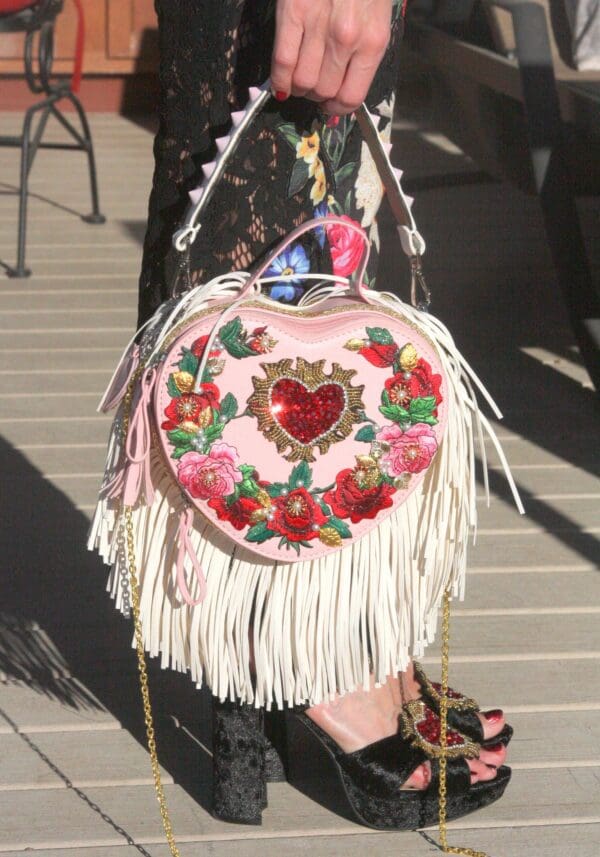 SOLD! 3131 Baroque Heart Shape Applique White Fringe Handbag Crossbody - Image 2
