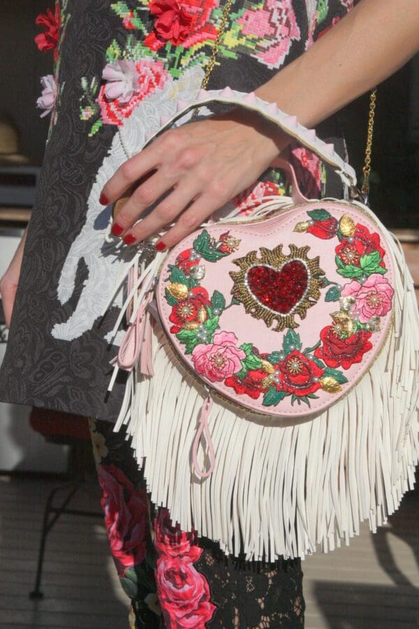 SOLD! 3131 Baroque Heart Shape Applique White Fringe Handbag Crossbody - Image 3