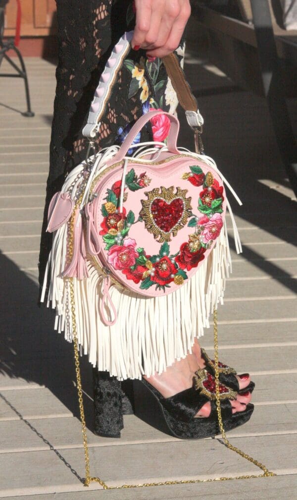 SOLD! 3131 Baroque Heart Shape Applique White Fringe Handbag Crossbody - Image 5