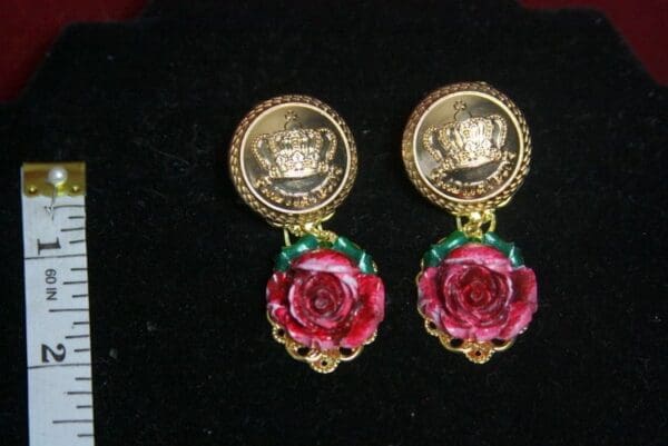 SOLD! 3309 Baroque Designer Inspired Crown Hand Painted Rose Earrings Studs - Image 6