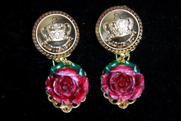 SOLD! 3309 Baroque Designer Inspired Crown Hand Painted Rose Earrings Studs - Image 7