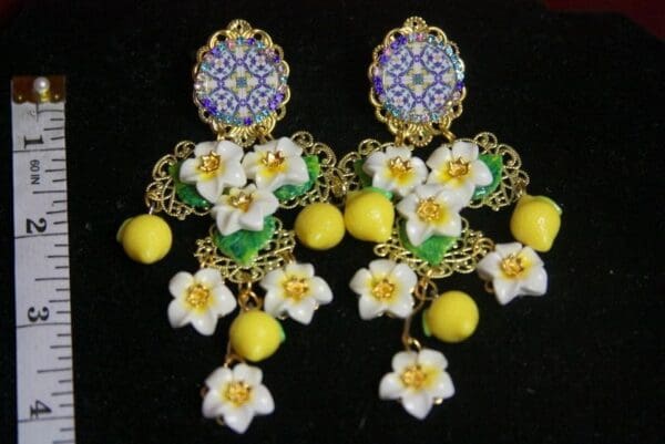 SOLD! 3330 Sicilian Cameo Mosaic Lemon Flower Lemon Earrings - Image 3
