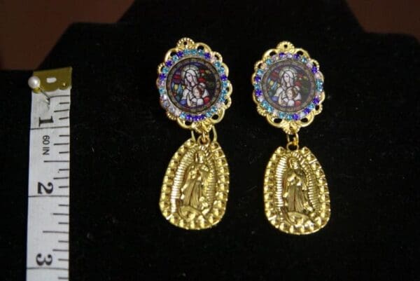 SOLD! 3337 Virgin Mary Cameo Coin Rhinestone Elegant Statement Earrings Studs - Image 3