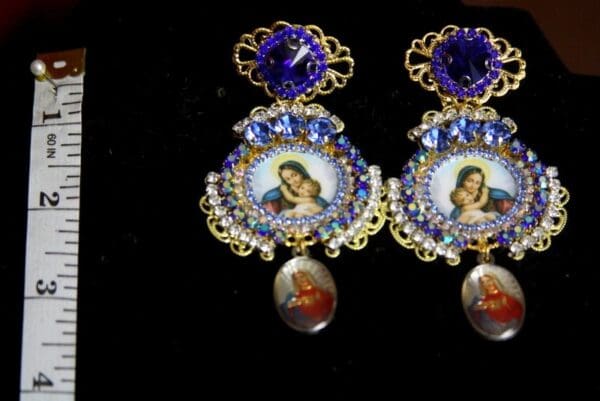 SOLD! 3341 Virgin Mary Cameo Blue Crystal Pearl Elegant Statement Earrings Studs - Image 3