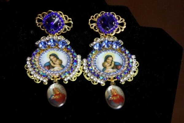 SOLD! 3341 Virgin Mary Cameo Blue Crystal Pearl Elegant Statement Earrings Studs - Image 4