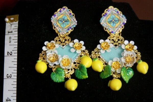SOLD! 3347 Baroque Sicilian Lemons Leaf Aqua Heart Studs Earrings - Image 2