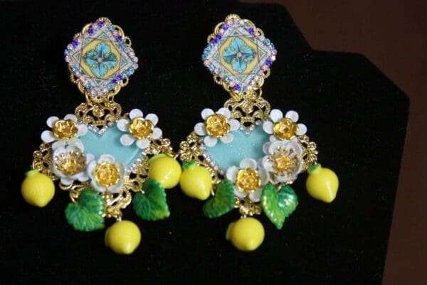 SOLD! 3347 Baroque Sicilian Lemons Leaf Aqua Heart Studs Earrings - Image 3