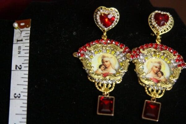 SOLD! 3348 Virgin Mary Madonna Red Heart Crystal Studs Earrings - Image 2