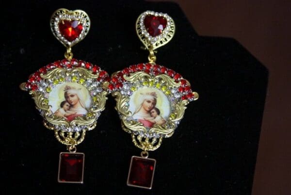 SOLD! 3348 Virgin Mary Madonna Red Heart Crystal Studs Earrings - Image 3