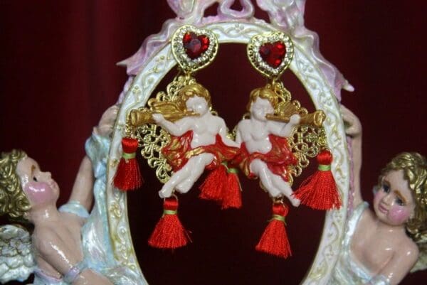 SOLD! 3349 Baroque Hand Painted Tassel Cherubs Studs Earrings - Image 2