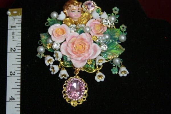 SOLD! 3354 Total Baroque Hand Painted Pearl Crystal Cherub Huge Brooch - Image 4