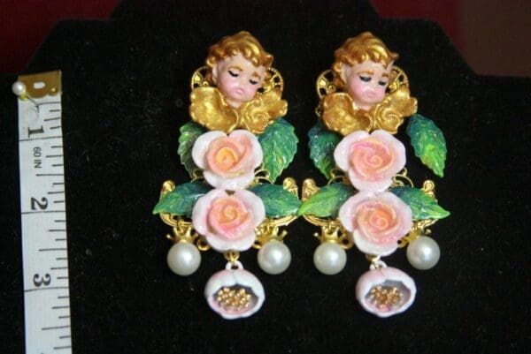 SOLD! 3355 Total Baroque Hand Painted Massive Cherub Angel Roses Pearl Earrings Studs - Image 8