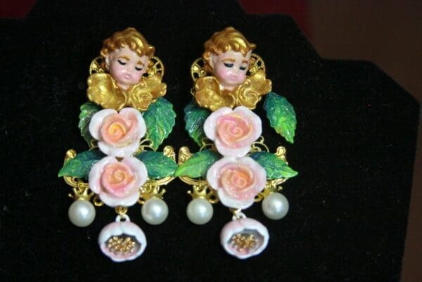 SOLD! 3355 Total Baroque Hand Painted Massive Cherub Angel Roses Pearl Earrings Studs - Image 9