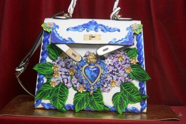 SOLD! 3357 Baroque Hand Painted Hydrangea Sacred Heart Tote Crossbody Handbag - Image 3