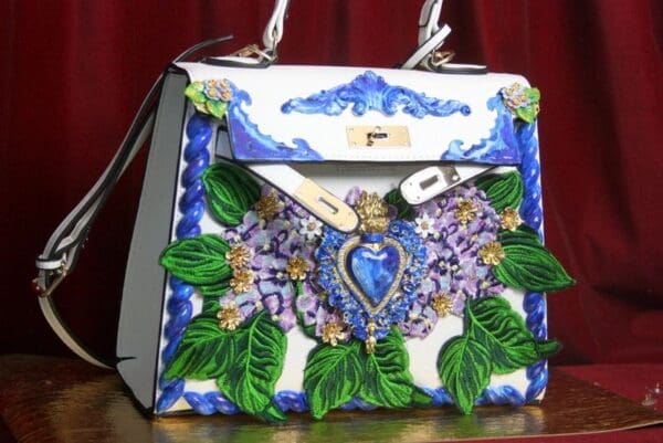 SOLD! 3357 Baroque Hand Painted Hydrangea Sacred Heart Tote Crossbody Handbag - Image 4
