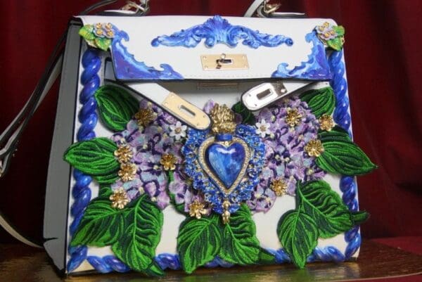 SOLD! 3357 Baroque Hand Painted Hydrangea Sacred Heart Tote Crossbody Handbag - Image 5