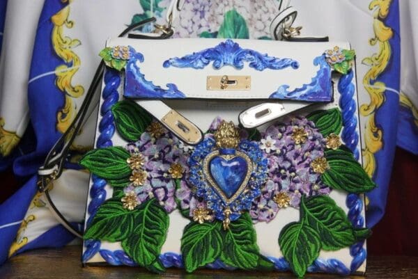 SOLD! 3357 Baroque Hand Painted Hydrangea Sacred Heart Tote Crossbody Handbag